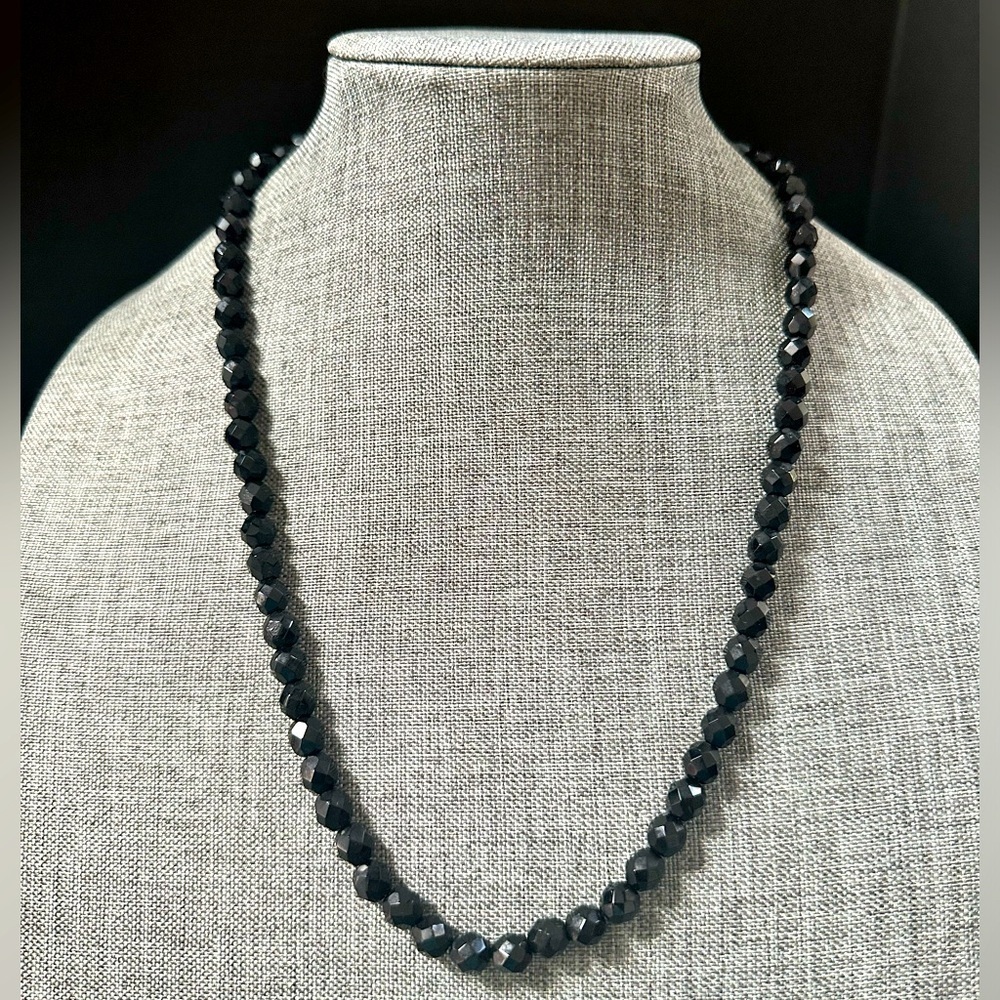 Vintage Black Glass Faceted Bead Strand Necklace 24”